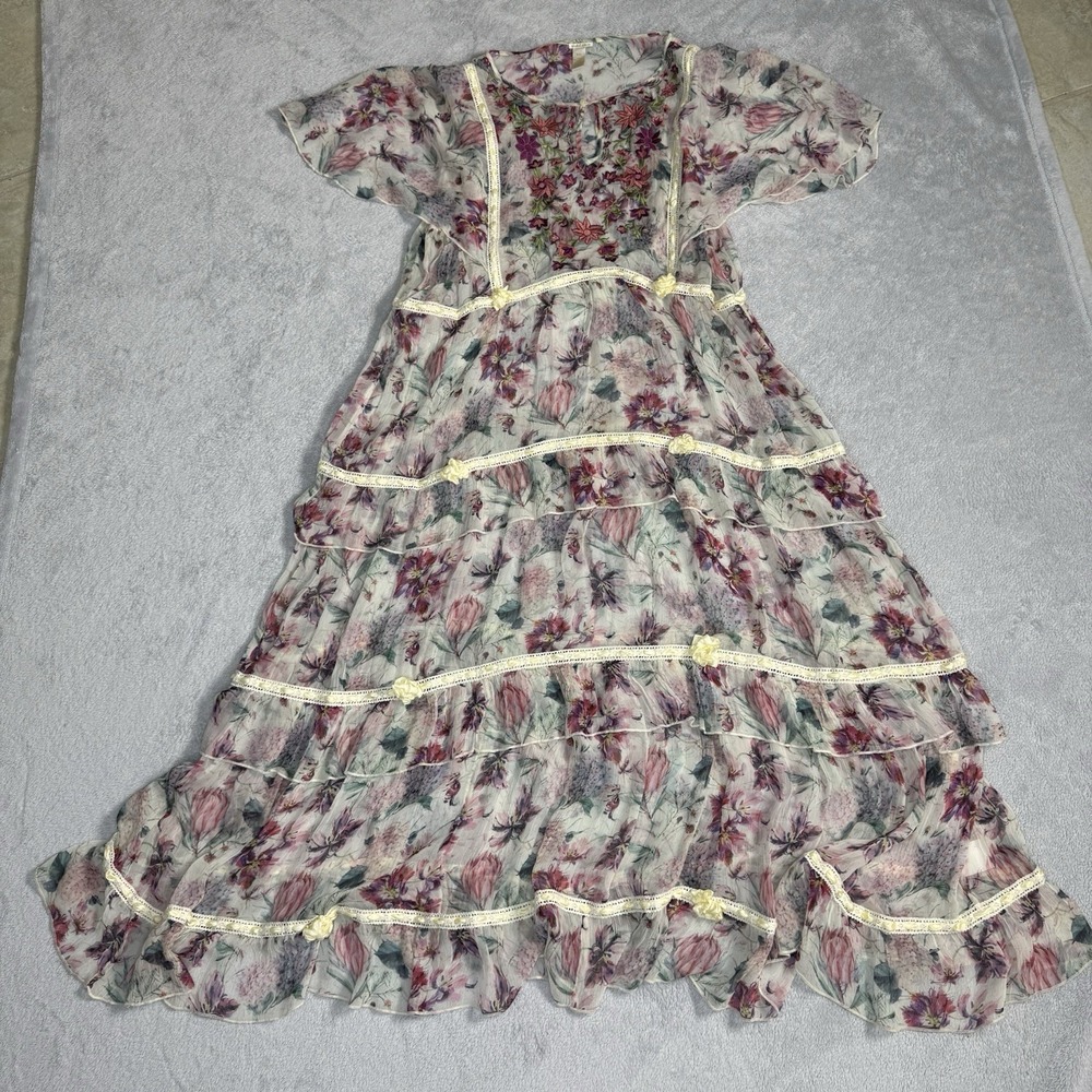 Sundance XXL Floral Embroidered Sheer Cupro Maxi Dress Tiered Ruffle Boho